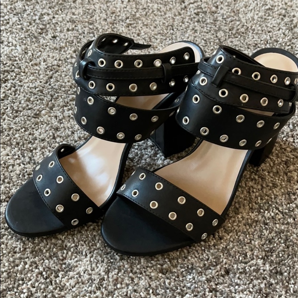 Thick black strapped heels